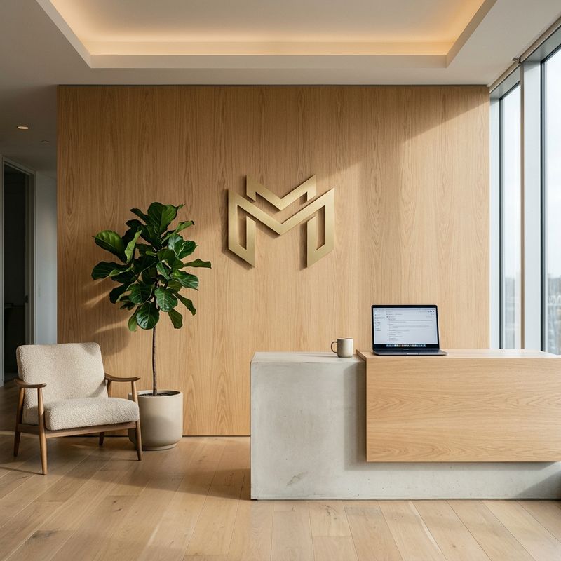 Recepción de la sede de Mynqus con una pared de madera clara, el logotipo dorado de la marca, una planta y un sillón con luz natural