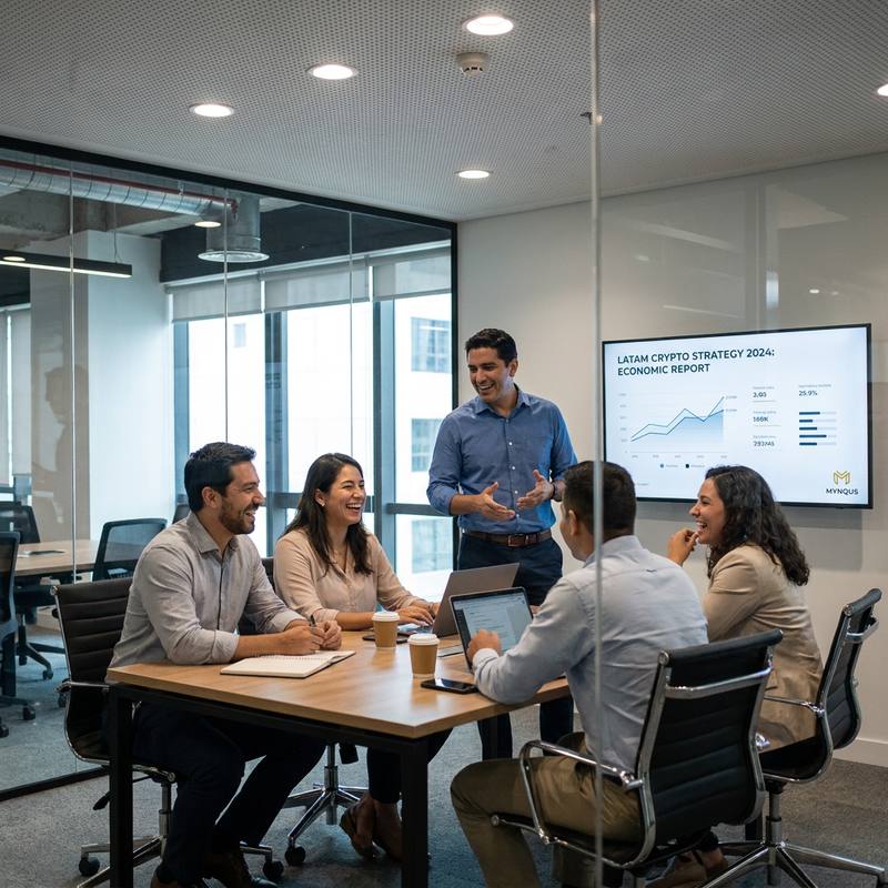 Equipo de Mynqus en una sala de reuniones revisando un informe de estrategia cripto para Latinoamérica en una pantalla